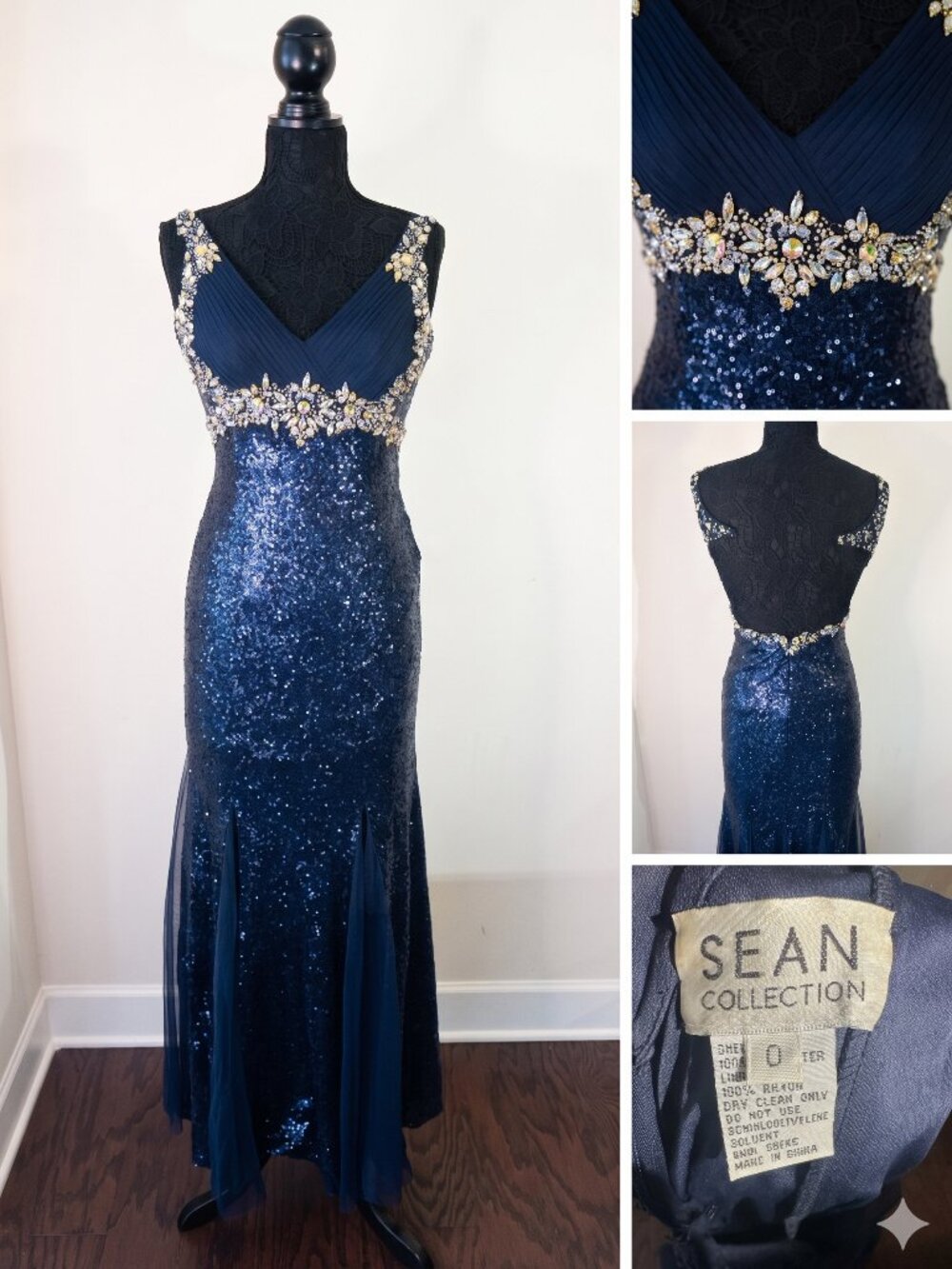 Sean Collection Navy Sequin V-Neck Gown w/ Illusion Ruffles, Size 0